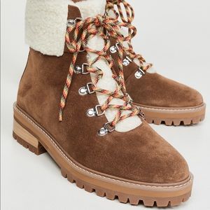 Villa Rouge Miloh suede winter boot with lug sole and faux shearling / fur trim.